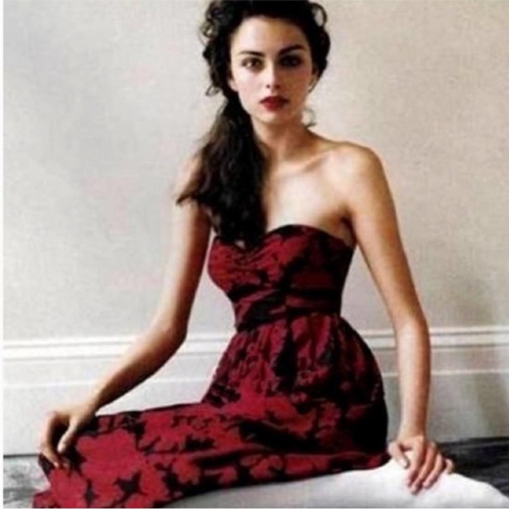 Anthropologie Tibi Sweetheart Neck Red/Black Floral Strapless Midi Dress Size 4